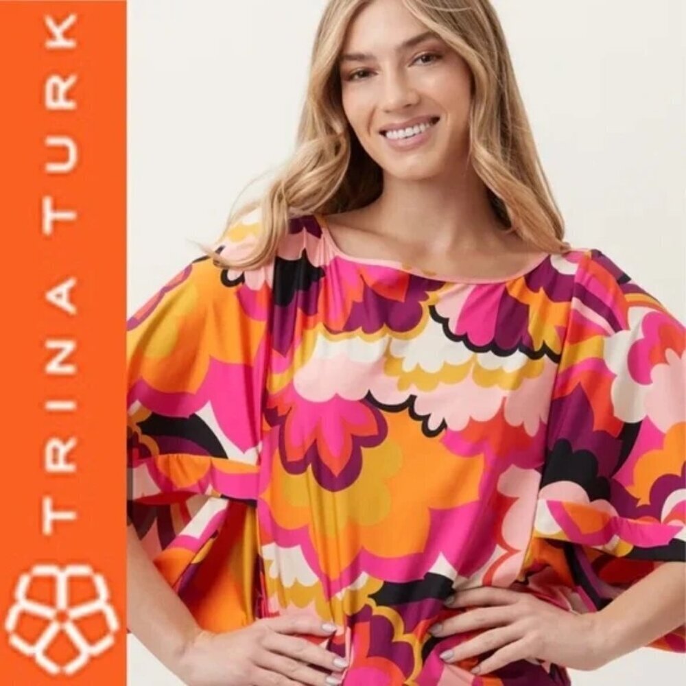Trina Turk XL Retro Psychedelic Batwing Sleeve Mini Tunic Dress Pink Orange NWT - Picture 7 of 8
